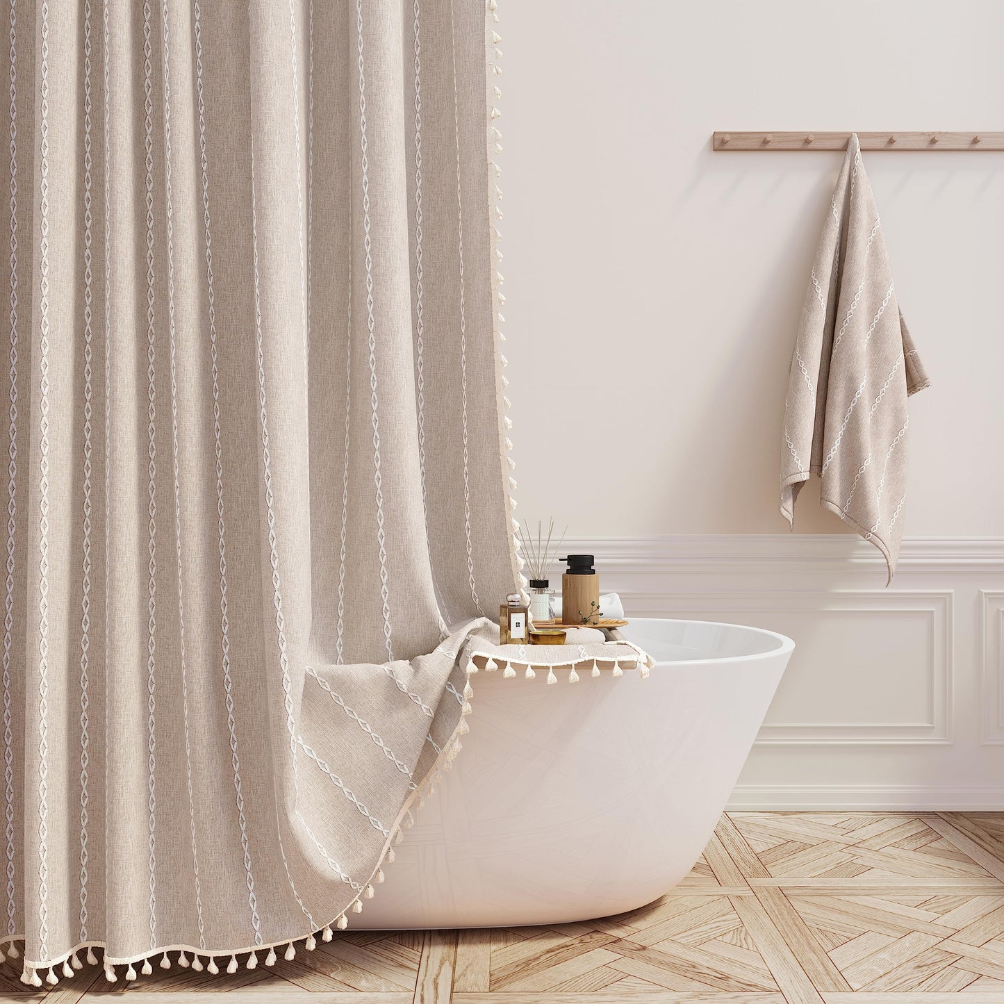 BTTN Long Boho Farmhouse Striped Shower Curtain, 183x201cm, Tan/Khaki