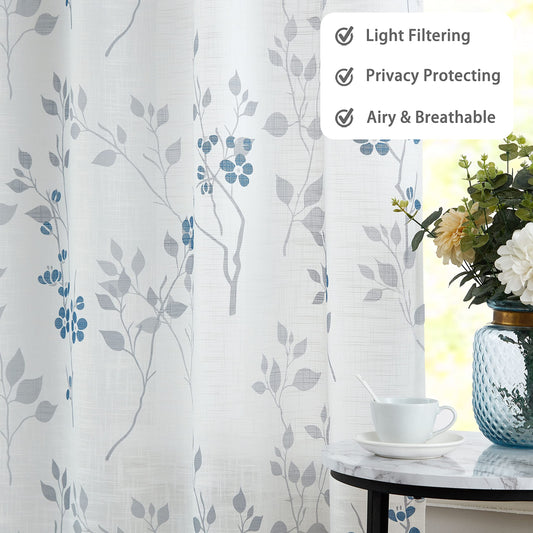 Beauoop Blue Grey Semi Sheer Floral Curtains for Living Room 90 Drop Linen Textured Farmhouse Curtains for Bedroom Leaf Printed Eyelet Rustic Drapes