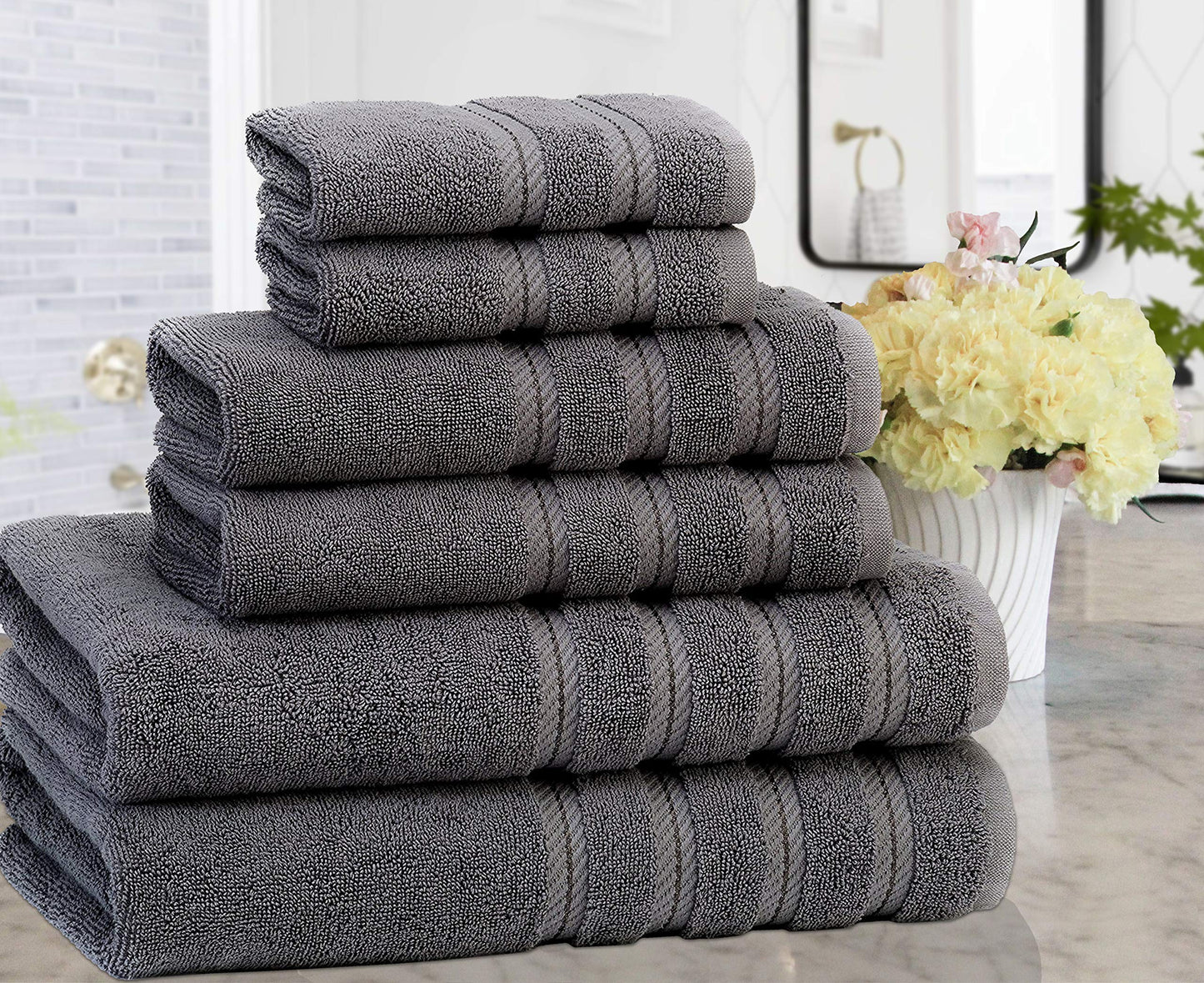 American Soft Linen 100% Carde Cotton 6 Piece Towel Set, 590 GSM Heavy Weight Soft Absorbent Turkish Towels for Bathroom, Smoke Grey