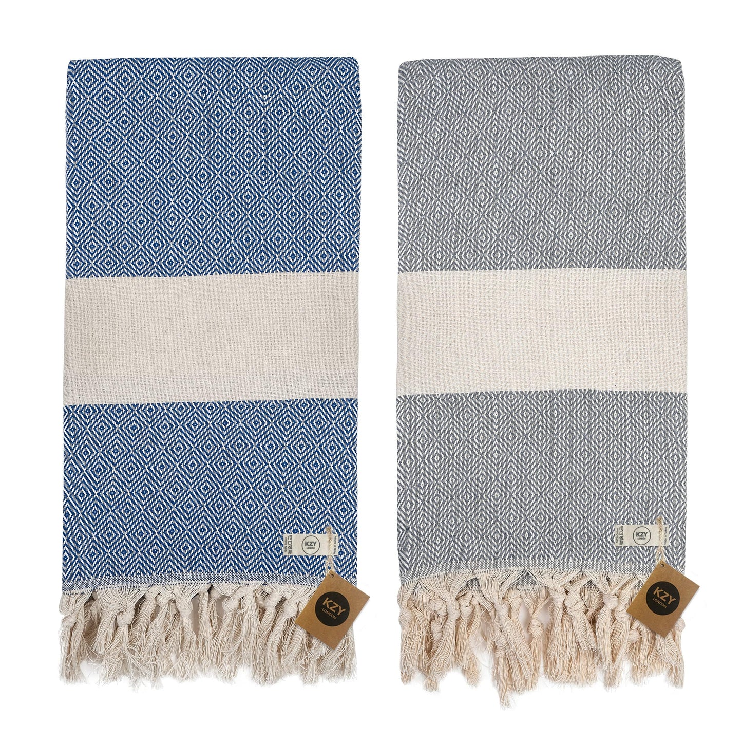KZY LONDON Beach Towel 2 Pack Large Turkish Beach Towels for Camping, Swimming, Gym - Quick Dry, Absorbent