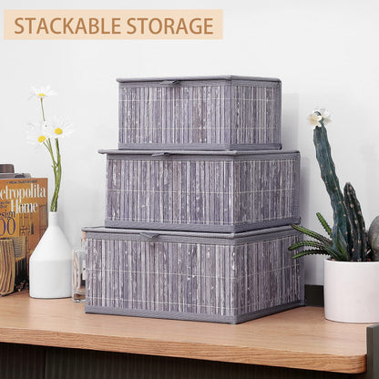 Honygebia Storage Box with Lid, Grey, Bamboo Decorative Storage Basket, Set of 3 Rattan Baskets with Lid, Woven Fabric Insert for Bathroom, Kitchen