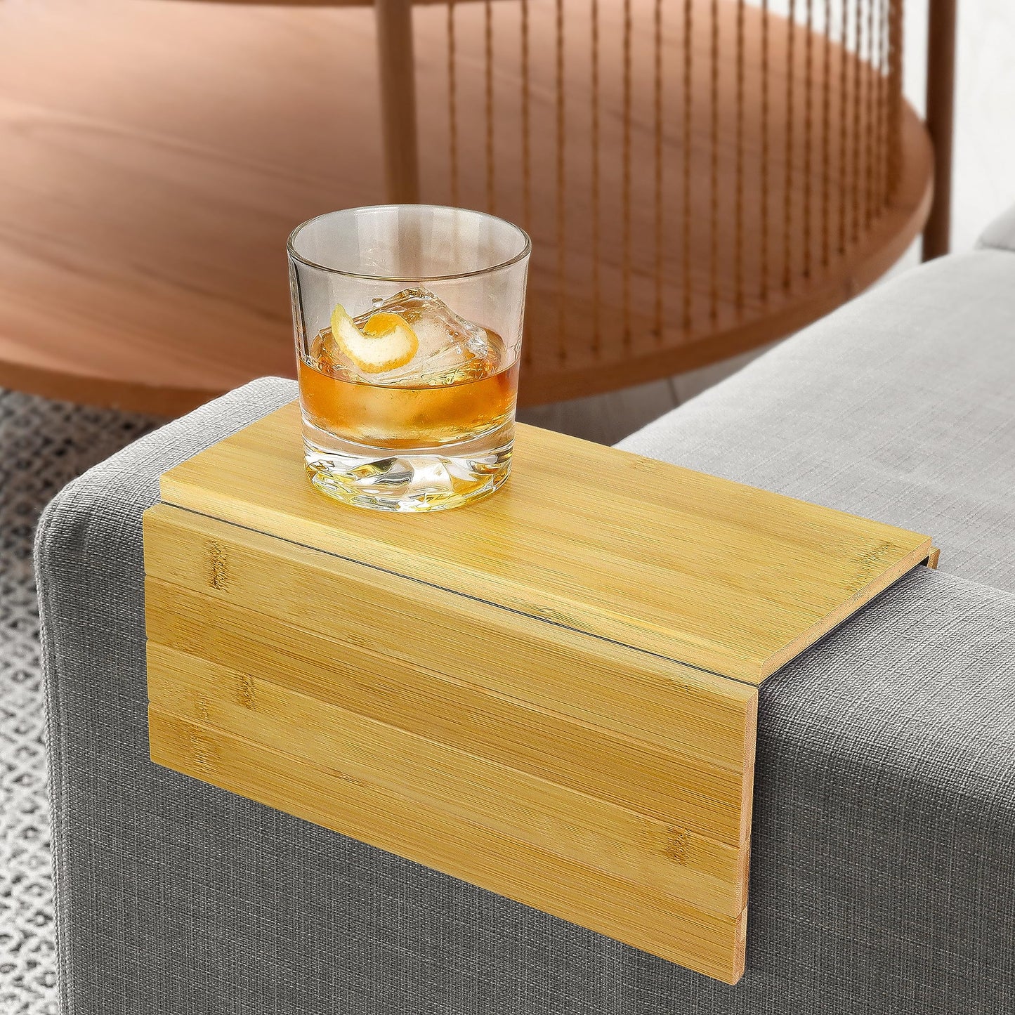 Bamboo Sofa Arm Tray Foldable Wooden Armrest Couch Organiser for Drinks, Bowl, Snack, Magazine, Remote