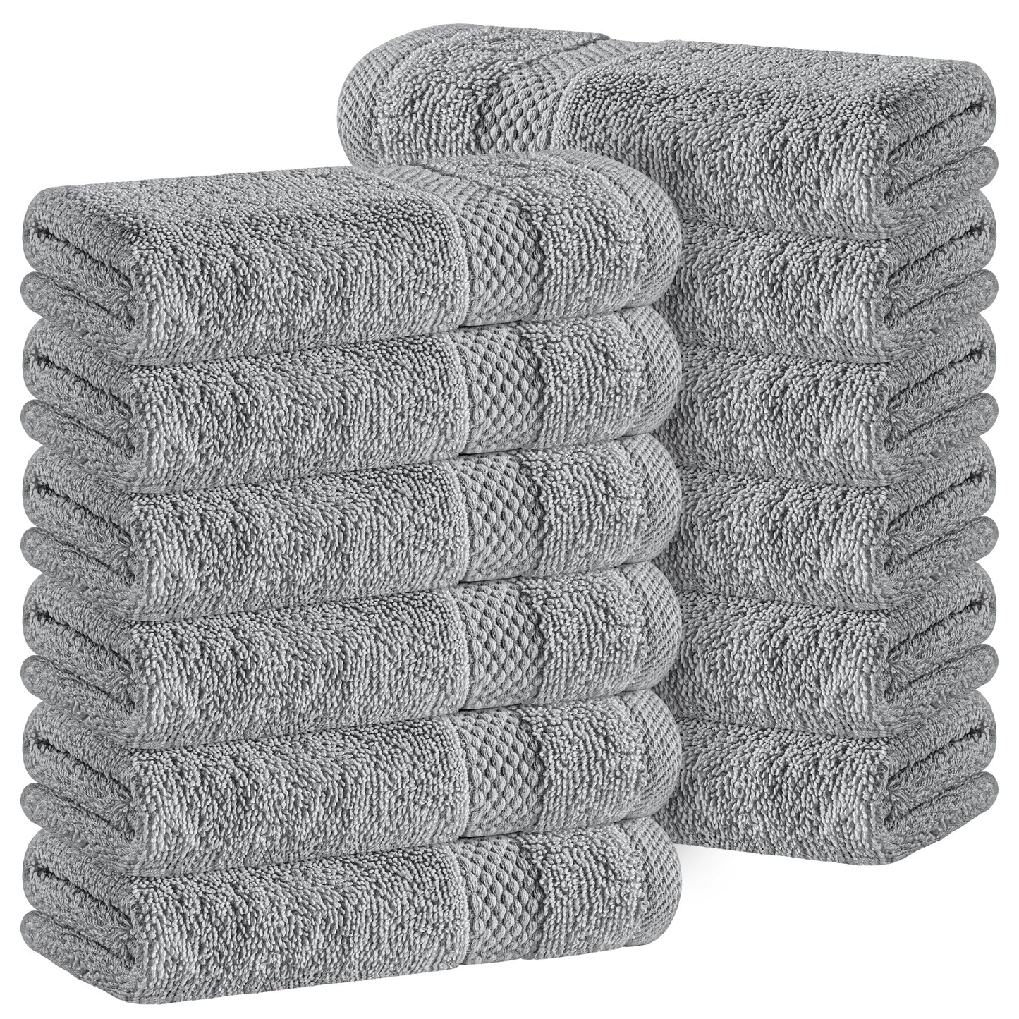 White Classic Luxury Cotton 12 Pc Flannel Set, Hotel Style Small Bath Towel and Face Cloth 33x33 cm, Light Grey Soft Plush Flannels Pack of 12