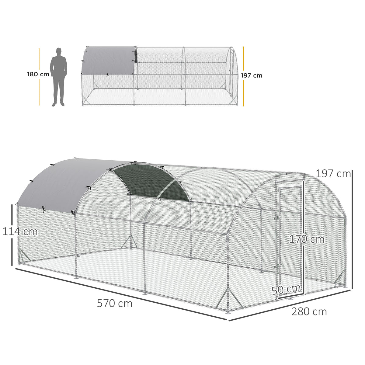 PawHut Large Galvanised Chicken Coop with Cover 5.7x2.8x2m Outdoor for Hens - Silver Grey