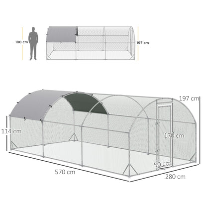 PawHut Large Galvanised Chicken Coop with Cover 5.7x2.8x2m Outdoor for Hens - Silver Grey