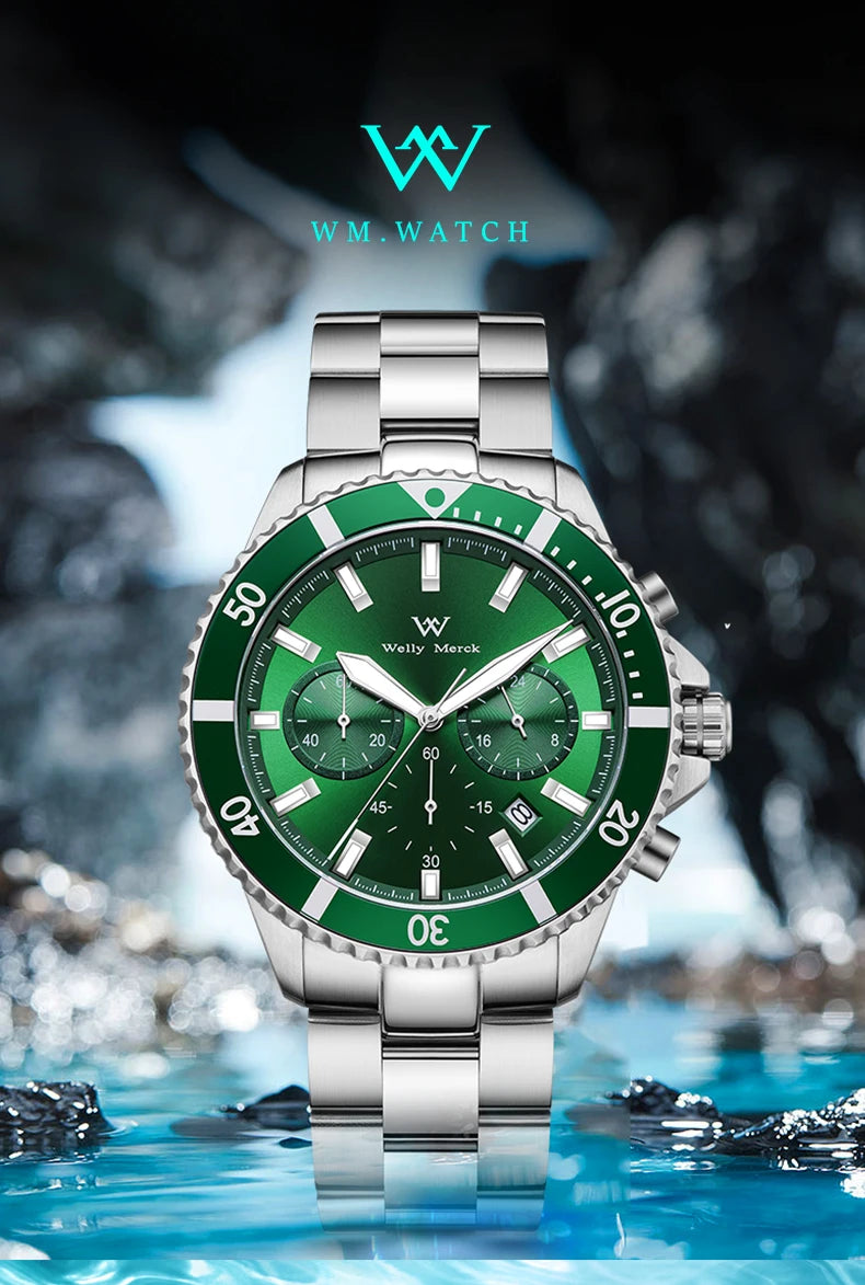 WM Watch Quartz Watches Multifunction Casual Business 200M Water Resistant Sapphire Crystal Aluminum Bezel WellyMerck Watch 184M