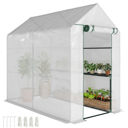 Outsunny Walk In Greenhouse with 2-Tier Shelves, Roll up Zip Panel Door, Garden Polytunnel Steeple Grow House for Outdoor, 6 x 4 x 6ft White