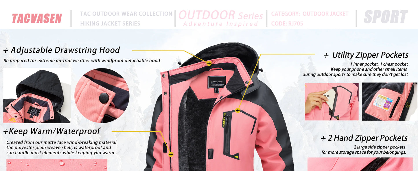 TACVASEN Winter Waterproof Ski Snowboard Jacket Womens Thermal Heavy Fleece Jackets Casual Work Rain Coat Windbreaker Parka
