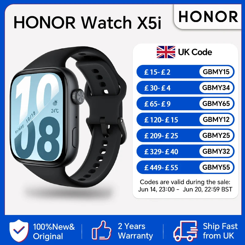 HONOR Watch X5i, 1.97 inches Thin Bezel AMOLED Screen, 21-day Battery Life, 109 Sport Modes,  Global Version, HONOR Smartwatch