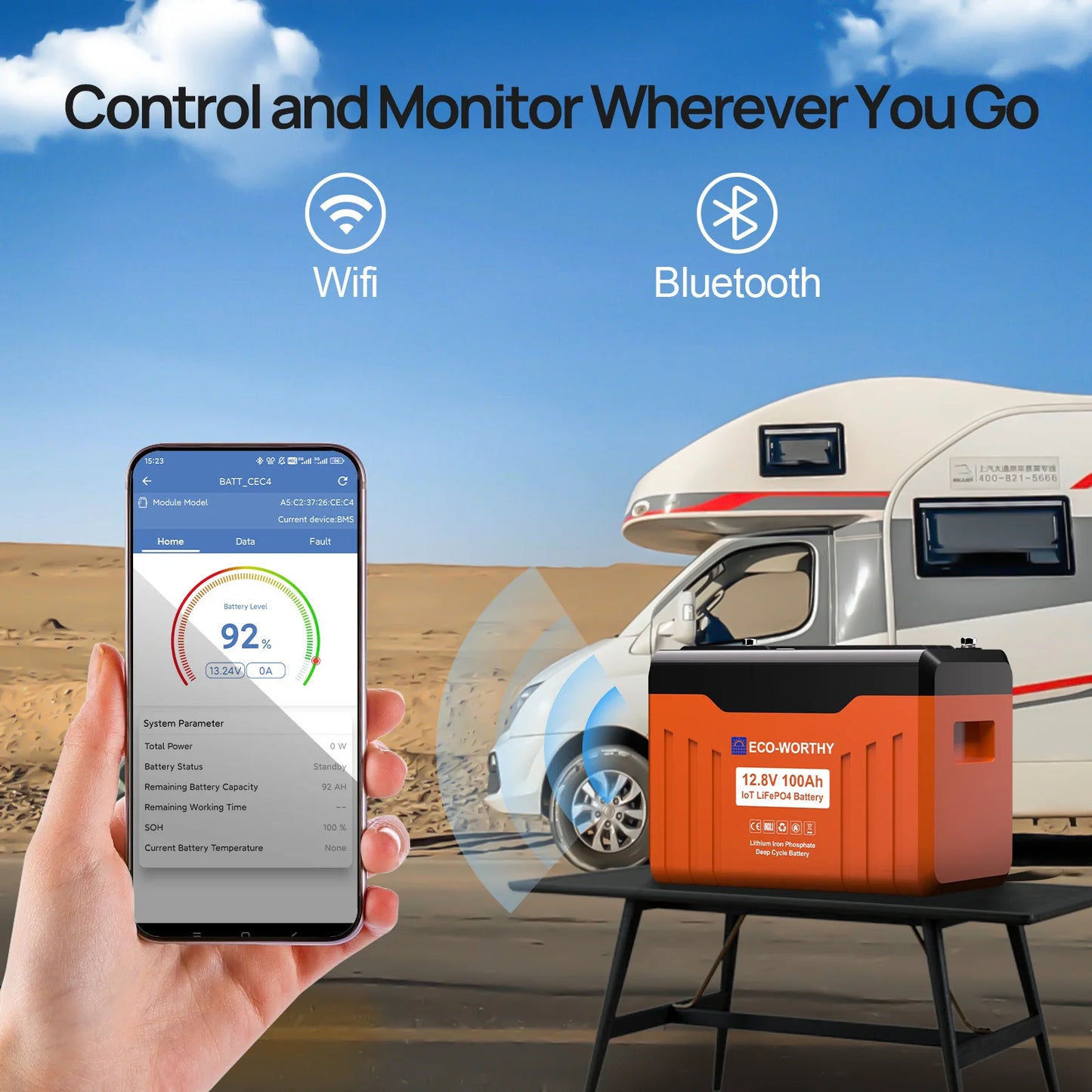ECO-WORTHY 12V 100Ah LiFePO4 Lithium Leisure Battery, 1280Wh with Bluetooth & Low Temp Protection, Group 24 for Motorhome