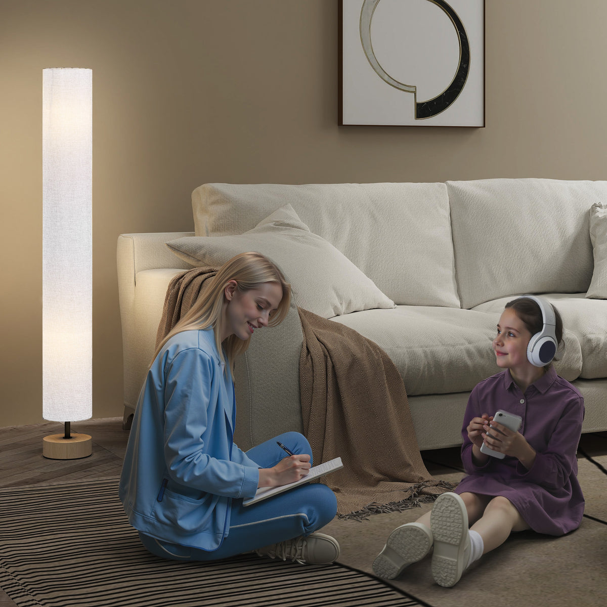 HOMCOM Floor Lamp for Living Room, 47" Modern Standing Lamp with Linen Shade, Wooden Base, Grey