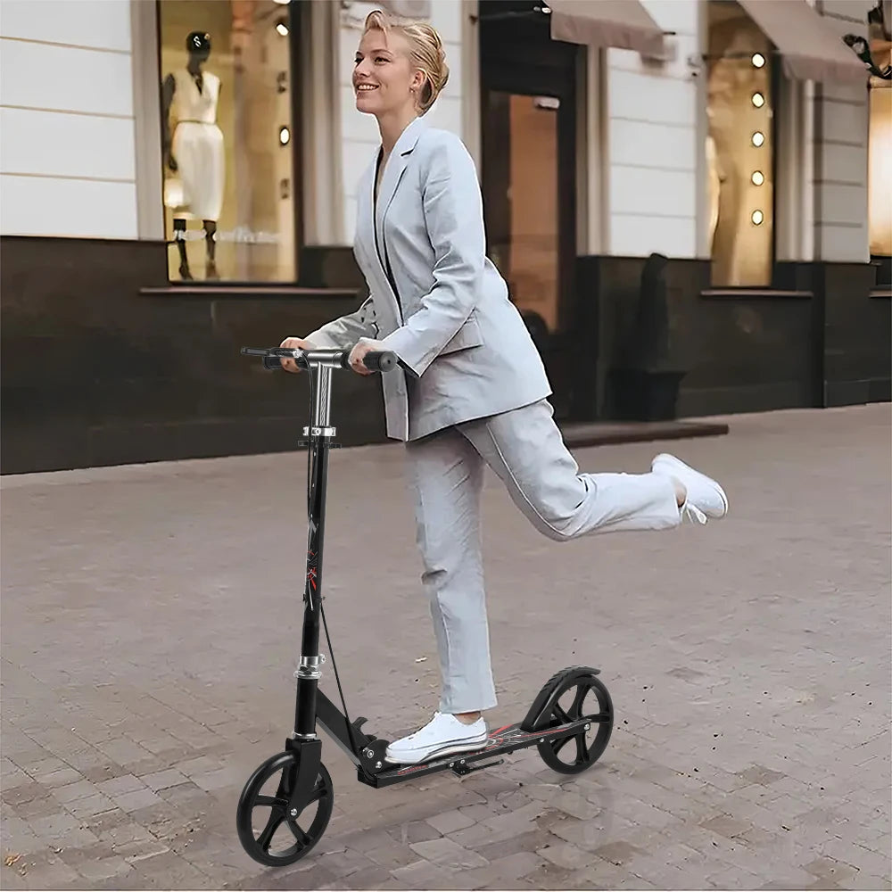Foldable Commuter Scooter with Adjustable Handle Height Black Frame Rear Brake and Suspension for Kids Ages 6-12 And Adults