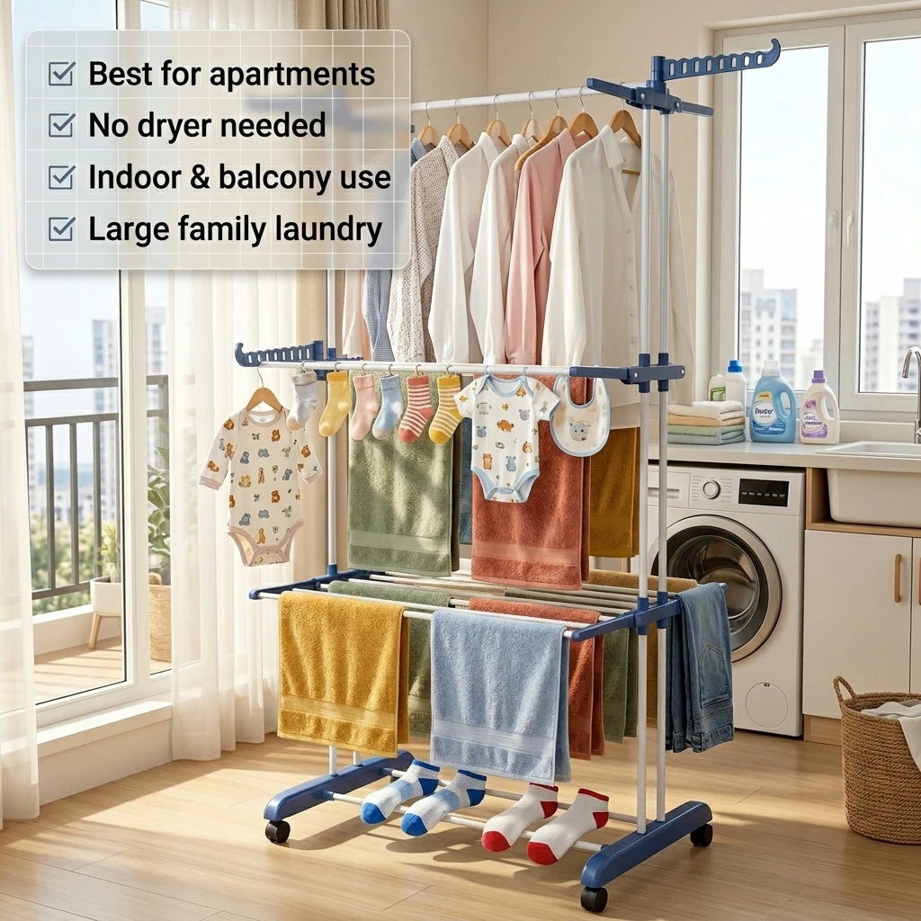 Heavy Duty 4 Tier Clothes Drying Rack Foldable Portable Laundry Airer with Wheels for Indoor Outdoor Home Use