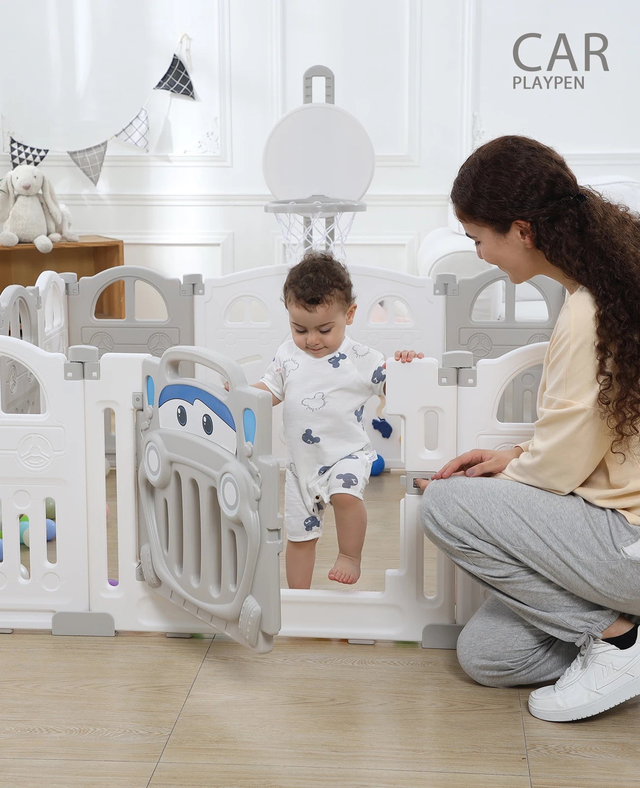 UBRAVOO Foldable Baby Playpen with Basketball Hoop & 50Pcs Coloured Pit Balls,  Toddler and Baby Play pen  fence, 14-Panel