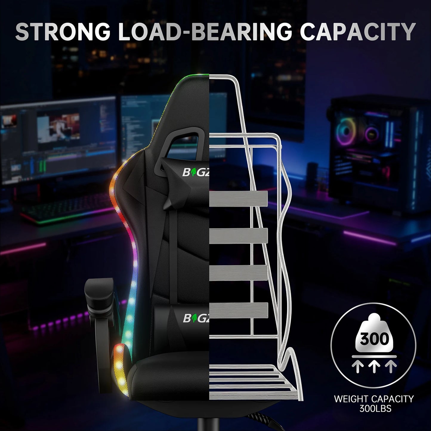 RGB Gaming Chair LED Lights and Ergonomic Computer Chair Reclining PU Leather High Back Video Game Chair Linkage Armrest