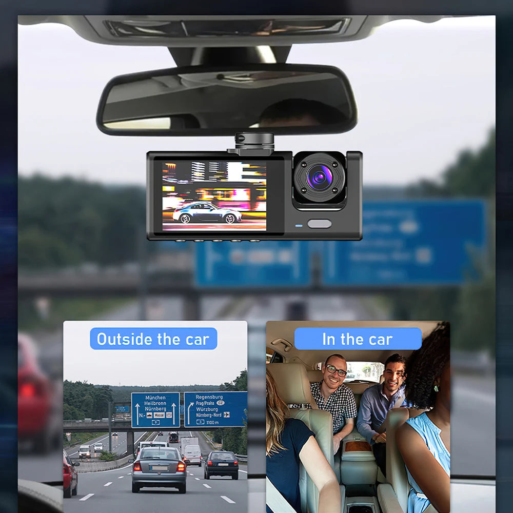 HD 1080P 3-Lens Car Camera 3 Channel Car DVRs Inside Vehicle Dash Cam Video Recorder Night Vision Dashcam With 32GB Memory Card