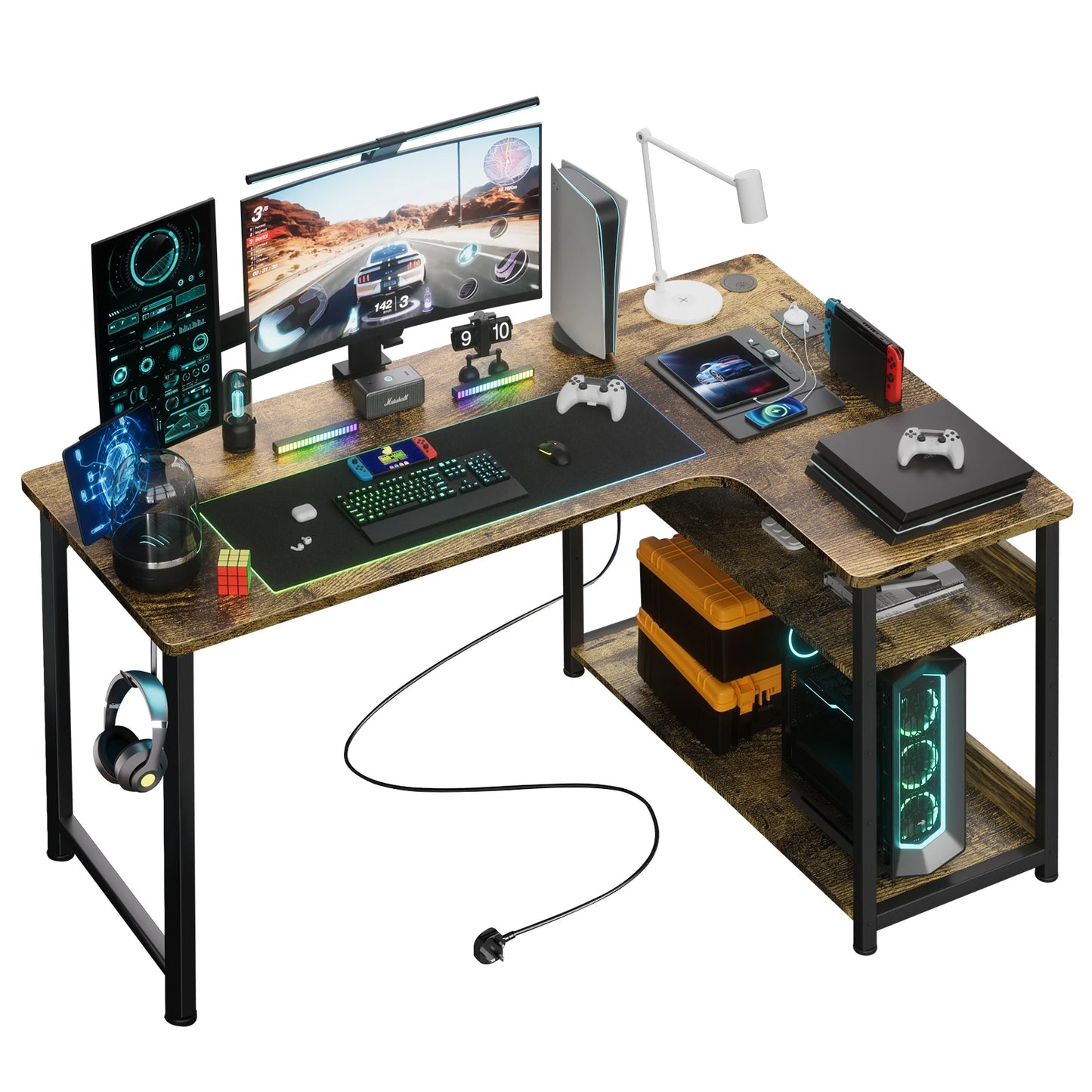 COMHOMA L Shaped Gaming Desk with Power Outlets Corner Computer Desk with Shelves Headphone Hook PC Table Workstation
