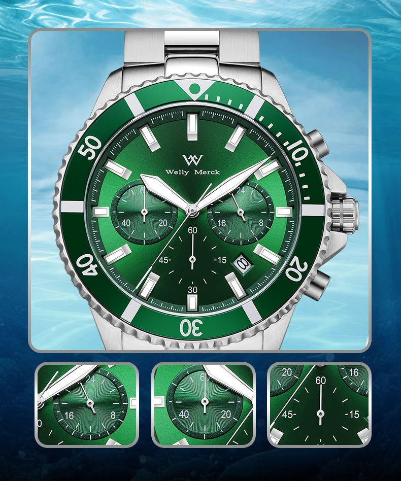 WM Watch Quartz Watches Multifunction Casual Business 200M Water Resistant Sapphire Crystal Aluminum Bezel WellyMerck Watch 184M