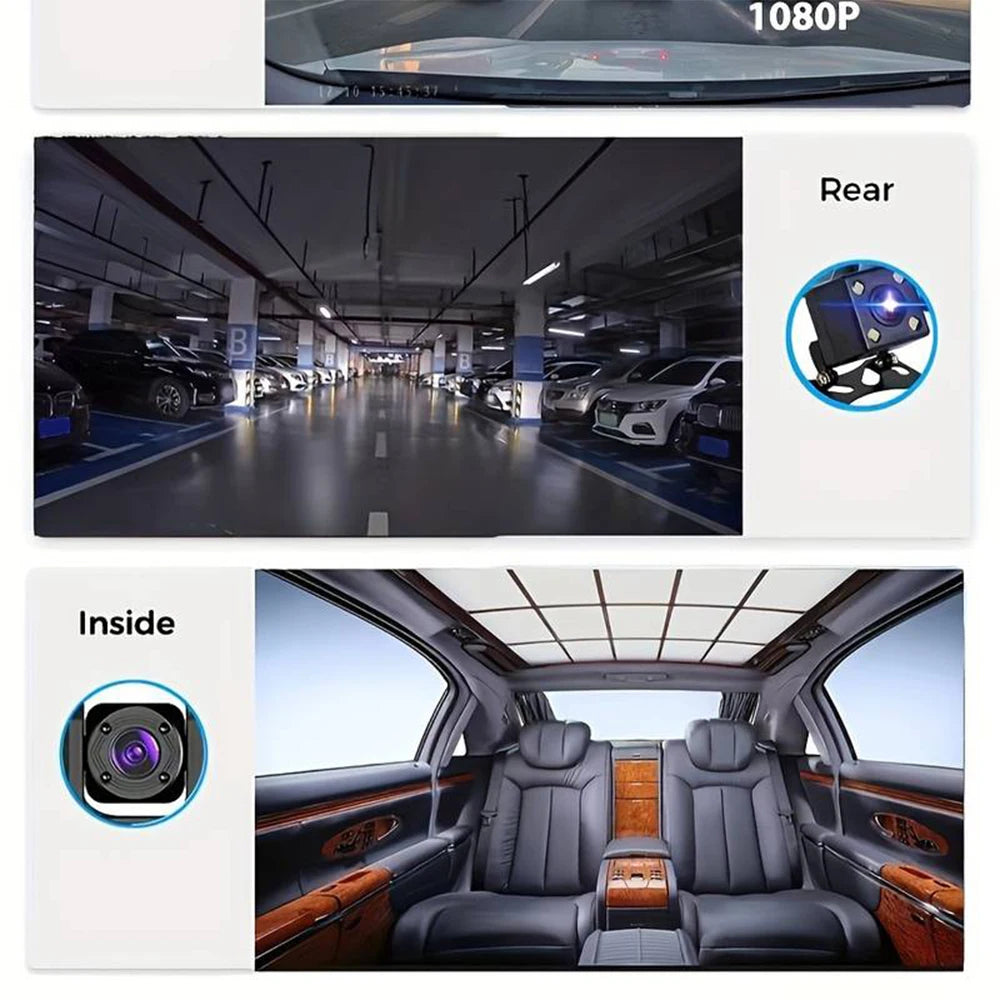 HD 1080P 3-Lens Car Camera 3 Channel Car DVRs Inside Vehicle Dash Cam Video Recorder Night Vision Dashcam With 32GB Memory Card