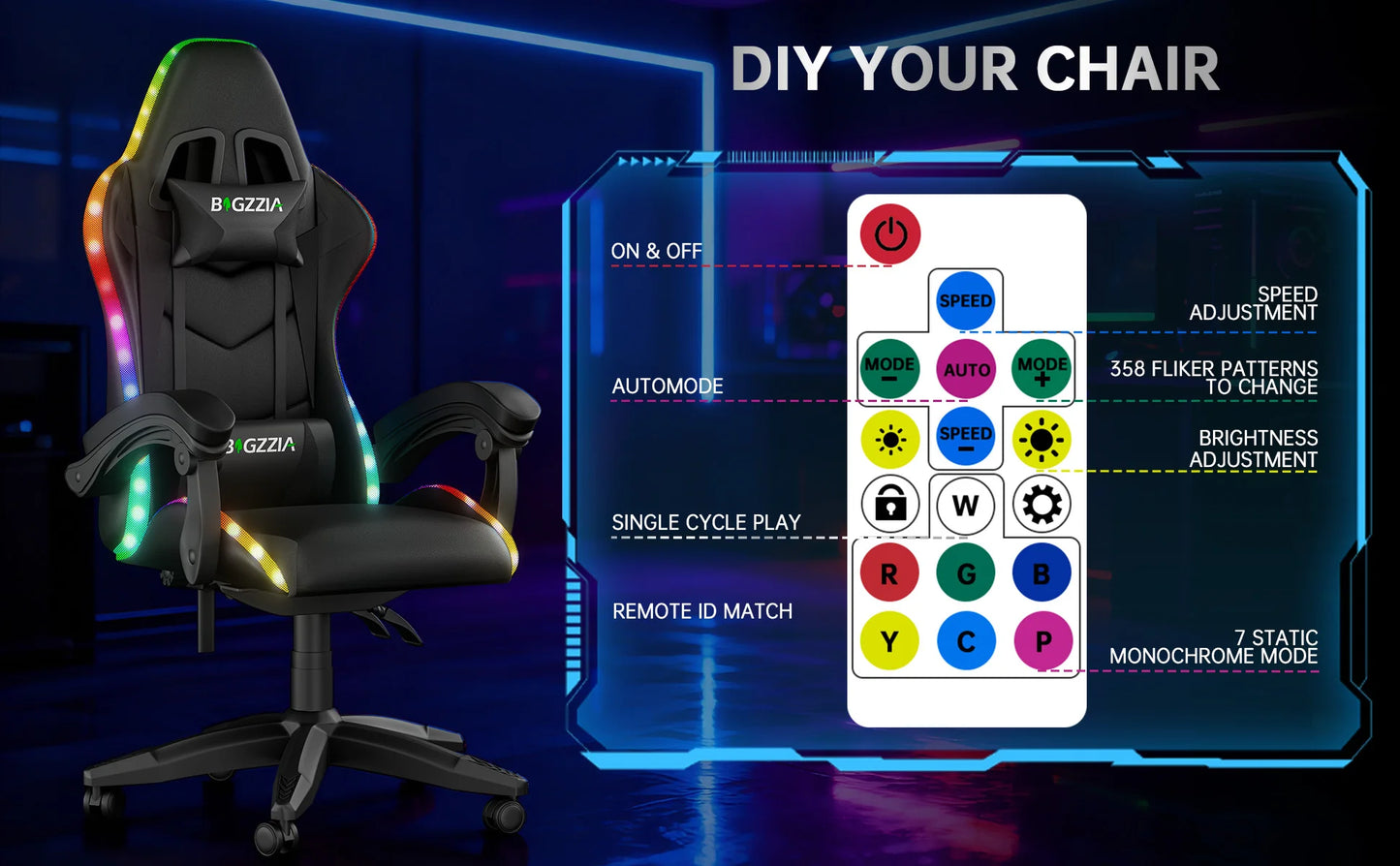 RGB Gaming Chair LED Lights and Ergonomic Computer Chair Reclining PU Leather High Back Video Game Chair Linkage Armrest