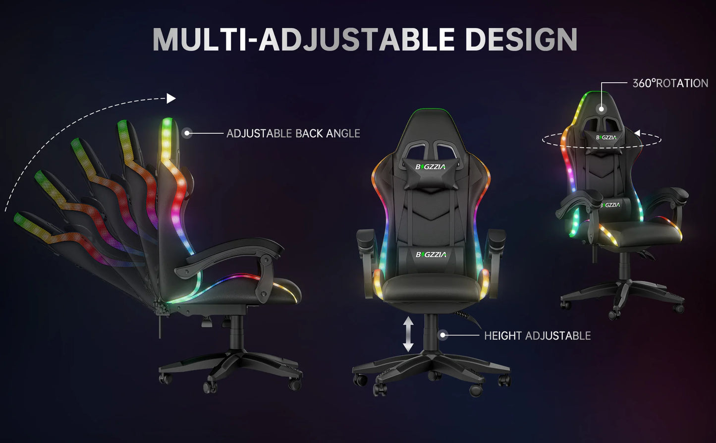 RGB Gaming Chair LED Lights and Ergonomic Computer Chair Reclining PU Leather High Back Video Game Chair Linkage Armrest