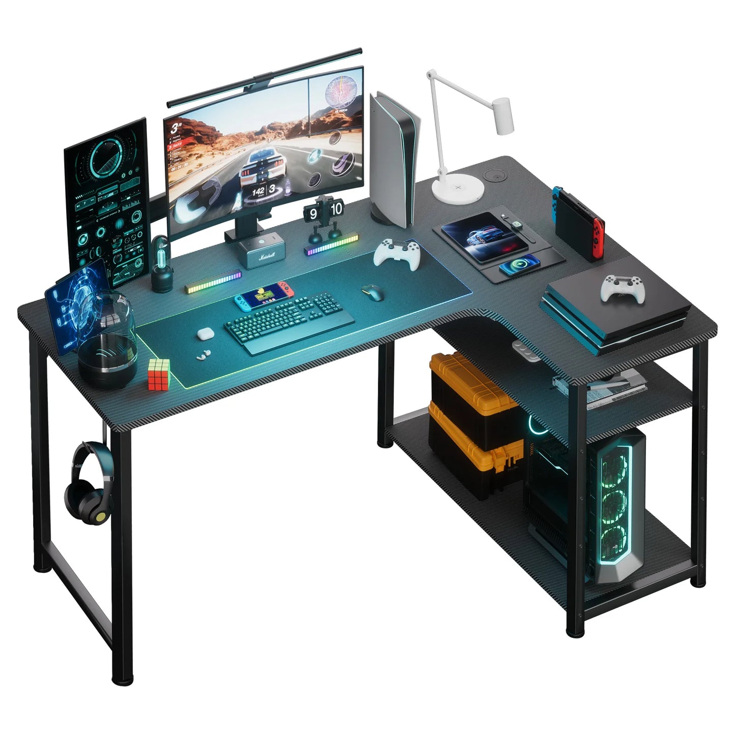 COMHOMA L Shaped Gaming Desk with Power Outlets Corner Computer Desk with Shelves Headphone Hook PC Table Workstation