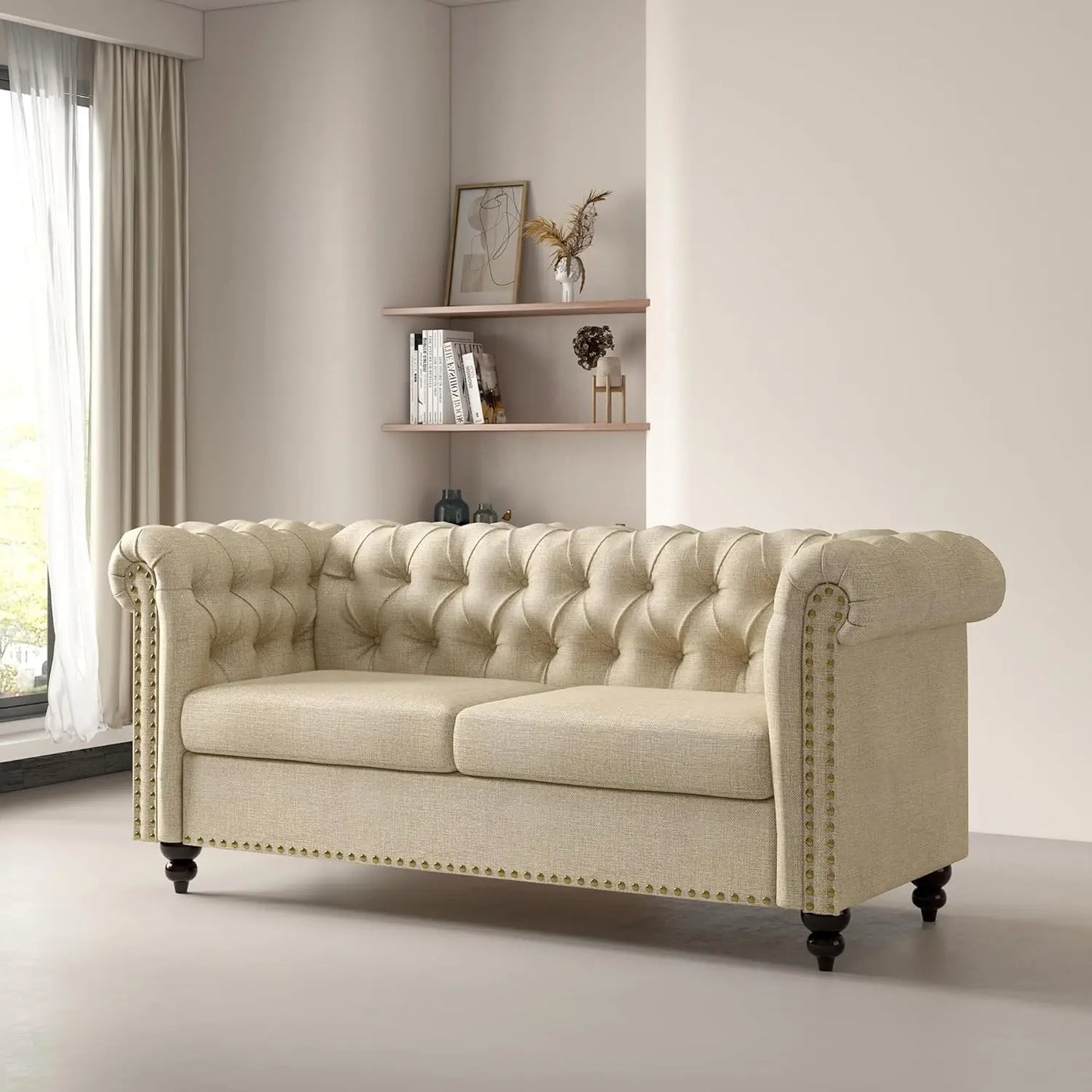 mcc direct Large 2 seater Chesterfield Style Button back Sofa, Couch Linen Fabric Settee for Living Room Office Bedroom Victoria