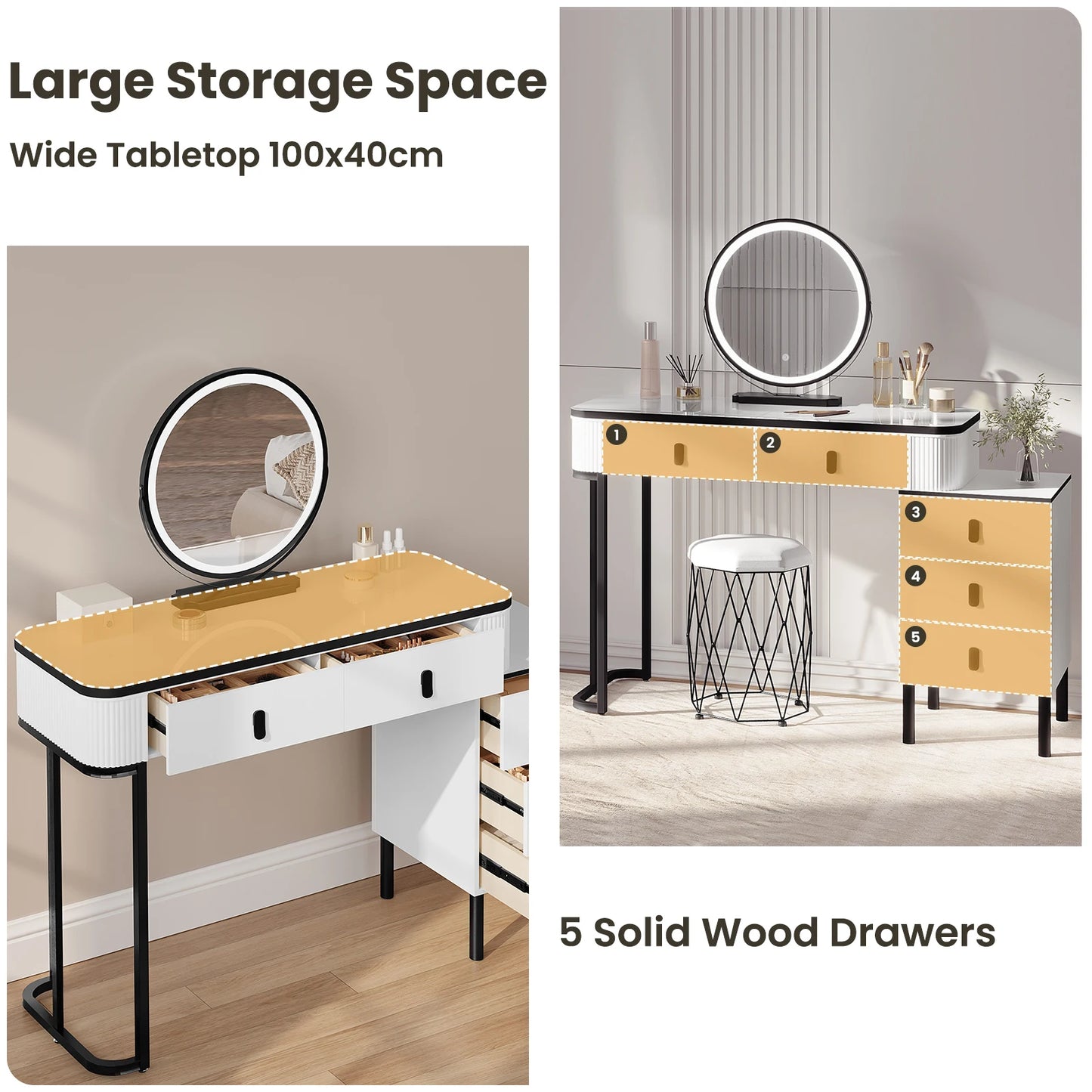 WOLTU Dressing Table with LED Lighting Mobile Mirror Vanity Flexible Assembly Makeup Cosmetic Table for Girls Women Bedroom