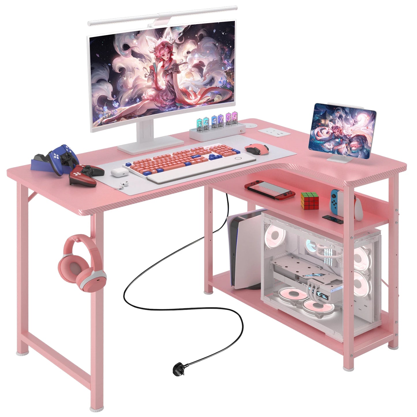 COMHOMA L Shaped Gaming Desk with Power Outlets Corner Computer Desk with Shelves Headphone Hook PC Table Workstation