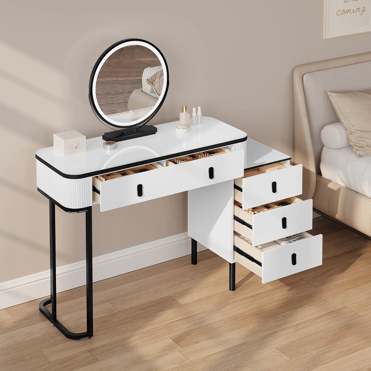 WOLTU Dressing Table with LED Lighting Mobile Mirror Vanity Flexible Assembly Makeup Cosmetic Table for Girls Women Bedroom