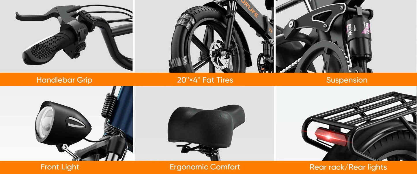 Urlife T5 Electric Bike 1500W E-Bike 48V 13Ah Battery 28MPH 100Mile Range 20X4" Fat Tire Free Shipping Foldable and portable