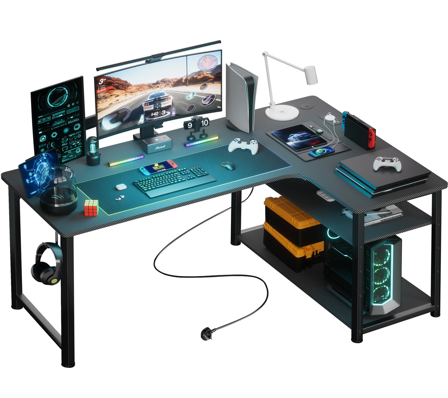COMHOMA L Shaped Gaming Desk with Power Outlets Corner Computer Desk with Shelves Headphone Hook PC Table Workstation