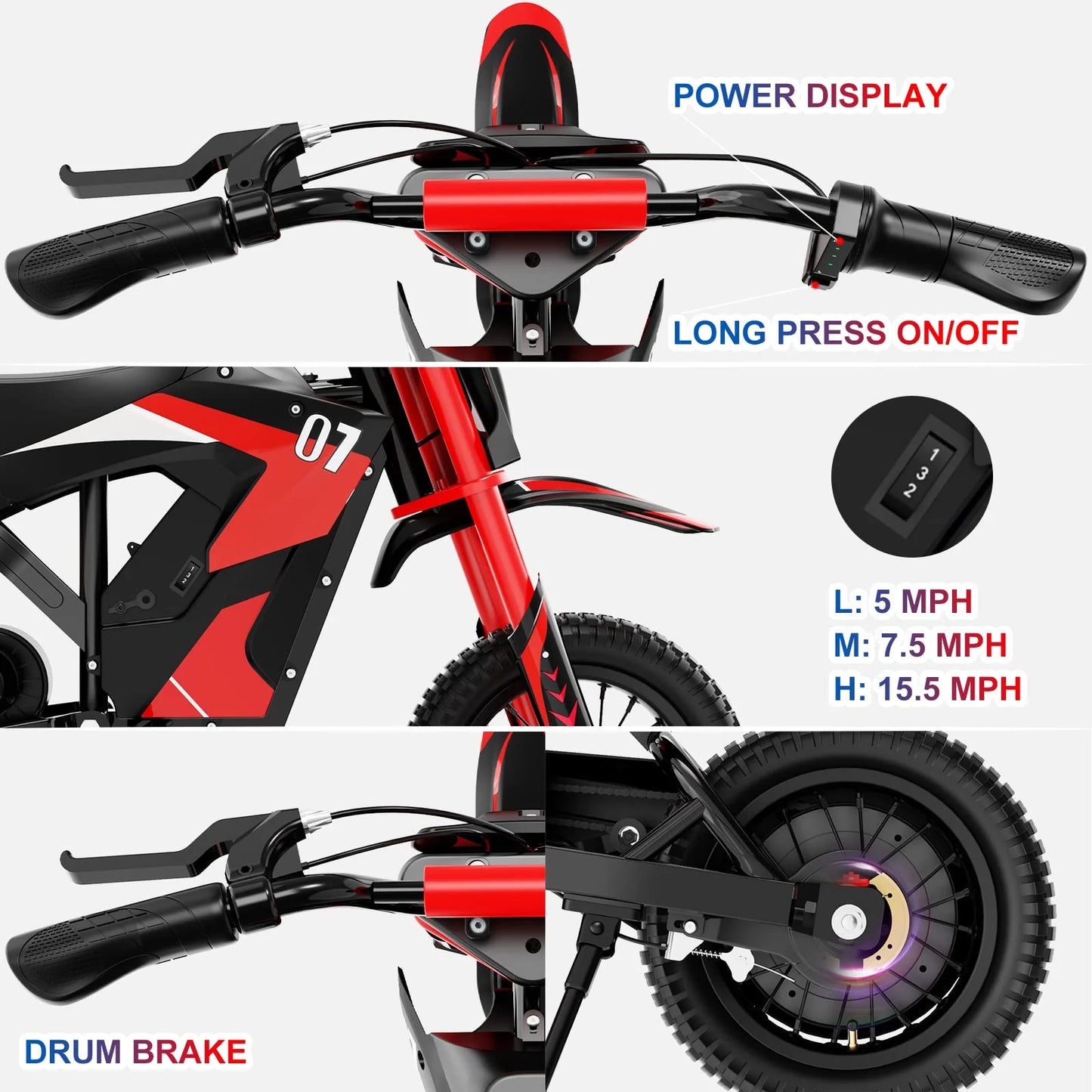 KOOLUX EV12M Electric Dirt Bike,300W Electric Motorcycle,15.5MPH & 9.3 Miles Long-Range,3-Speed Modes Motorcycle