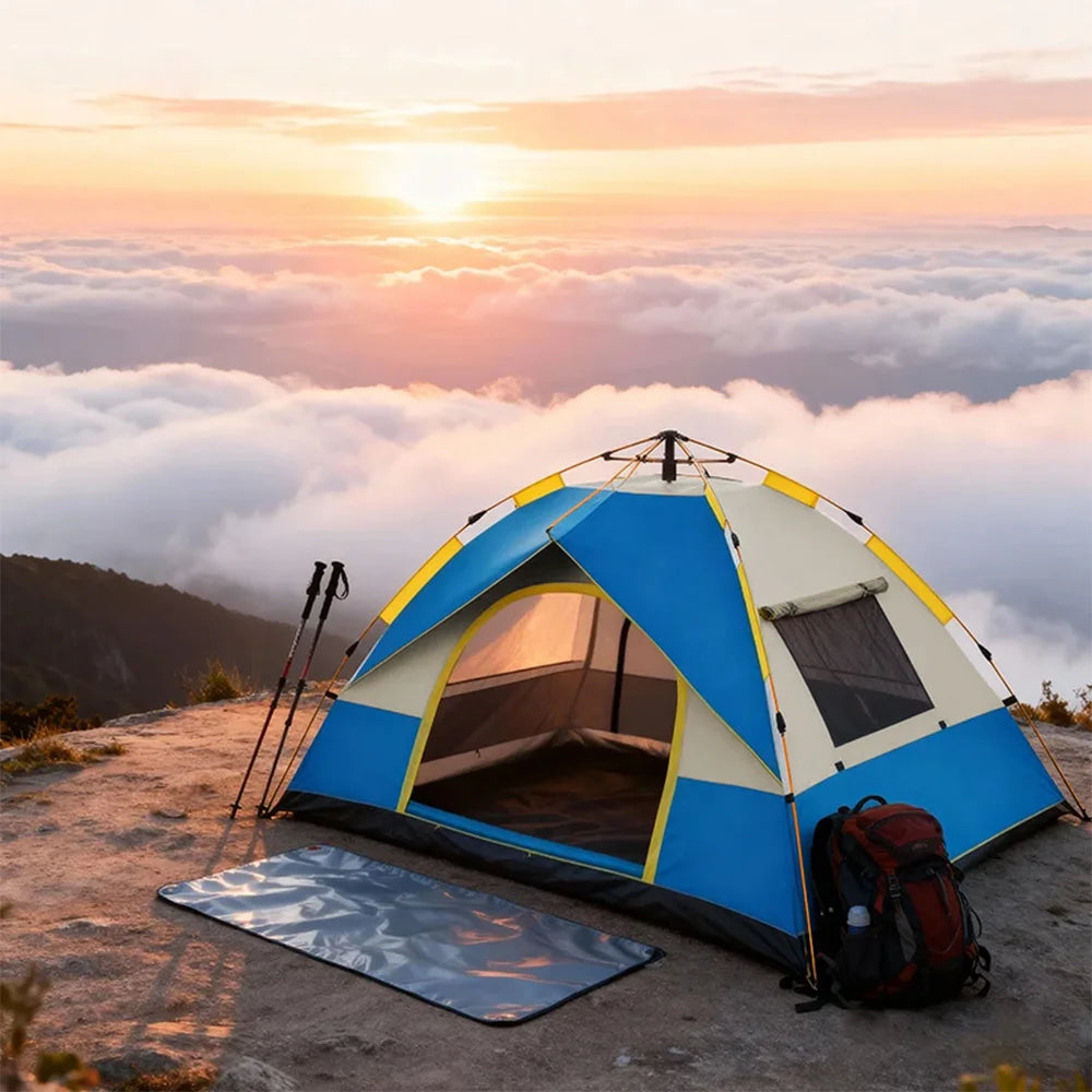 3-4 Person Pop Up Camping Tent - Instant Automatic Setup Double Layer Waterproof 4 Season Family Outdoor Travel Tent for UK Garden Beach Festival - Sky Blue