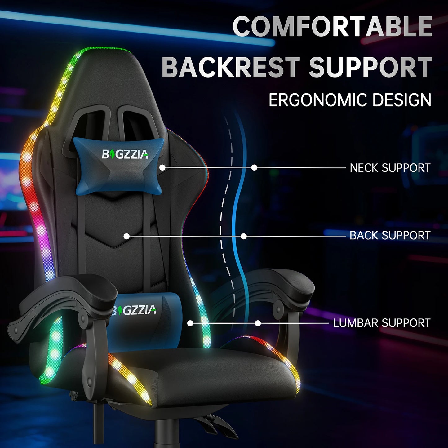 RGB Gaming Chair LED Lights and Ergonomic Computer Chair Reclining PU Leather High Back Video Game Chair Linkage Armrest