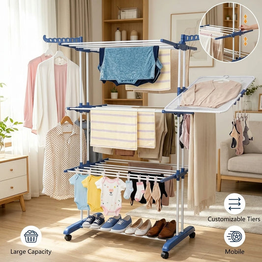 Heavy Duty 4 Tier Clothes Drying Rack Foldable Portable Laundry Airer with Wheels for Indoor Outdoor Home Use