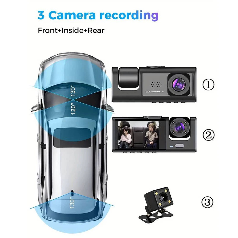 HD 1080P 3-Lens Car Camera 3 Channel Car DVRs Inside Vehicle Dash Cam Video Recorder Night Vision Dashcam With 32GB Memory Card