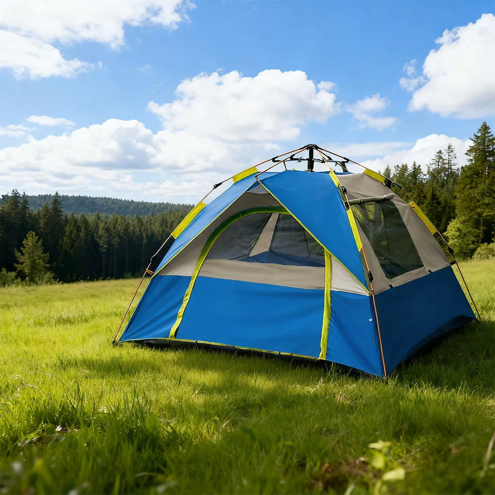 3-4 Person Pop Up Camping Tent - Instant Automatic Setup Double Layer Waterproof 4 Season Family Outdoor Travel Tent for UK Garden Beach Festival - Sky Blue