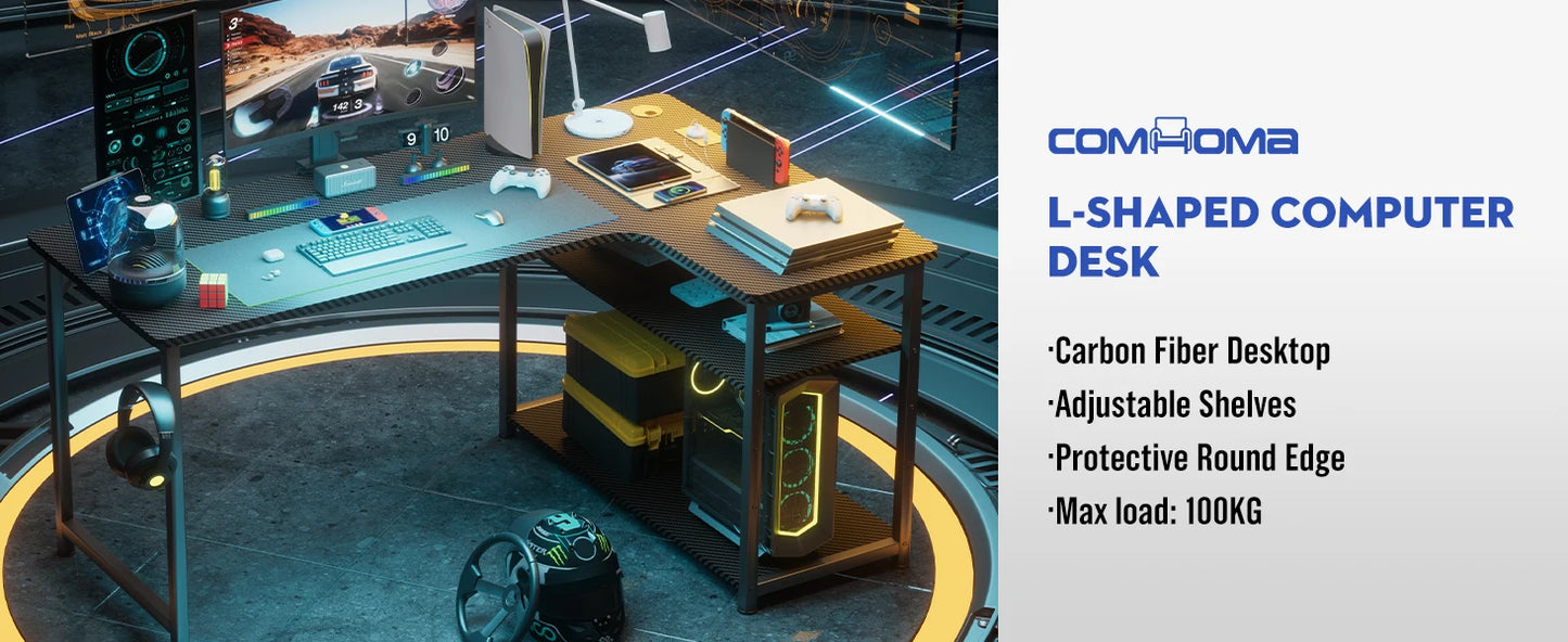 COMHOMA L Shaped Gaming Desk with Power Outlets Corner Computer Desk with Shelves Headphone Hook PC Table Workstation
