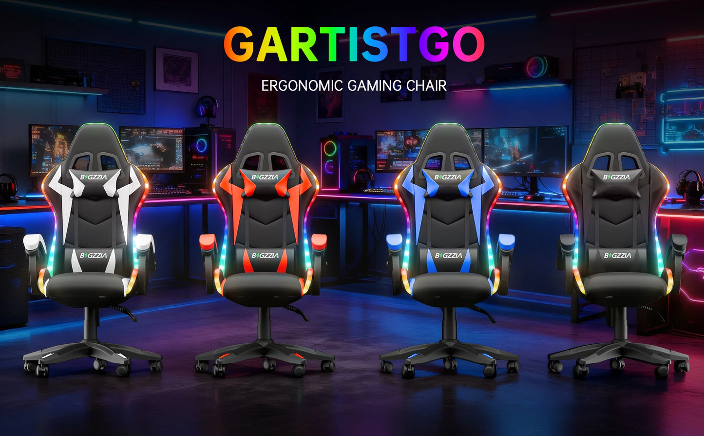 RGB Gaming Chair LED Lights and Ergonomic Computer Chair Reclining PU Leather High Back Video Game Chair Linkage Armrest