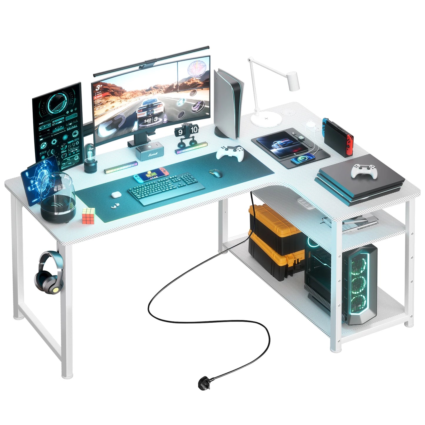 COMHOMA L Shaped Gaming Desk with Power Outlets Corner Computer Desk with Shelves Headphone Hook PC Table Workstation