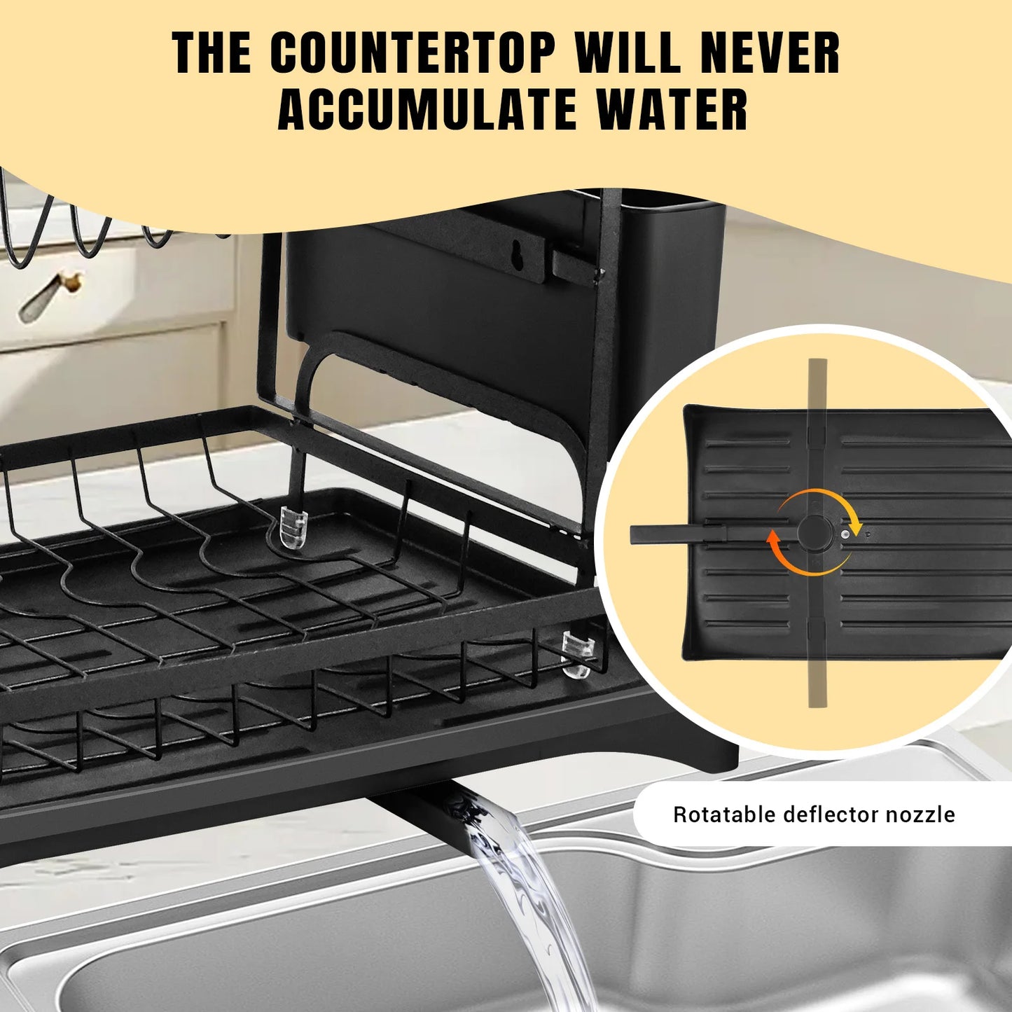 2 Tier Dishes drainer rack, kitchen Metal dishes drain rack with Drainboard, tableware tray drainer storage rack, kitchen organizer, 44x31x30cm, black