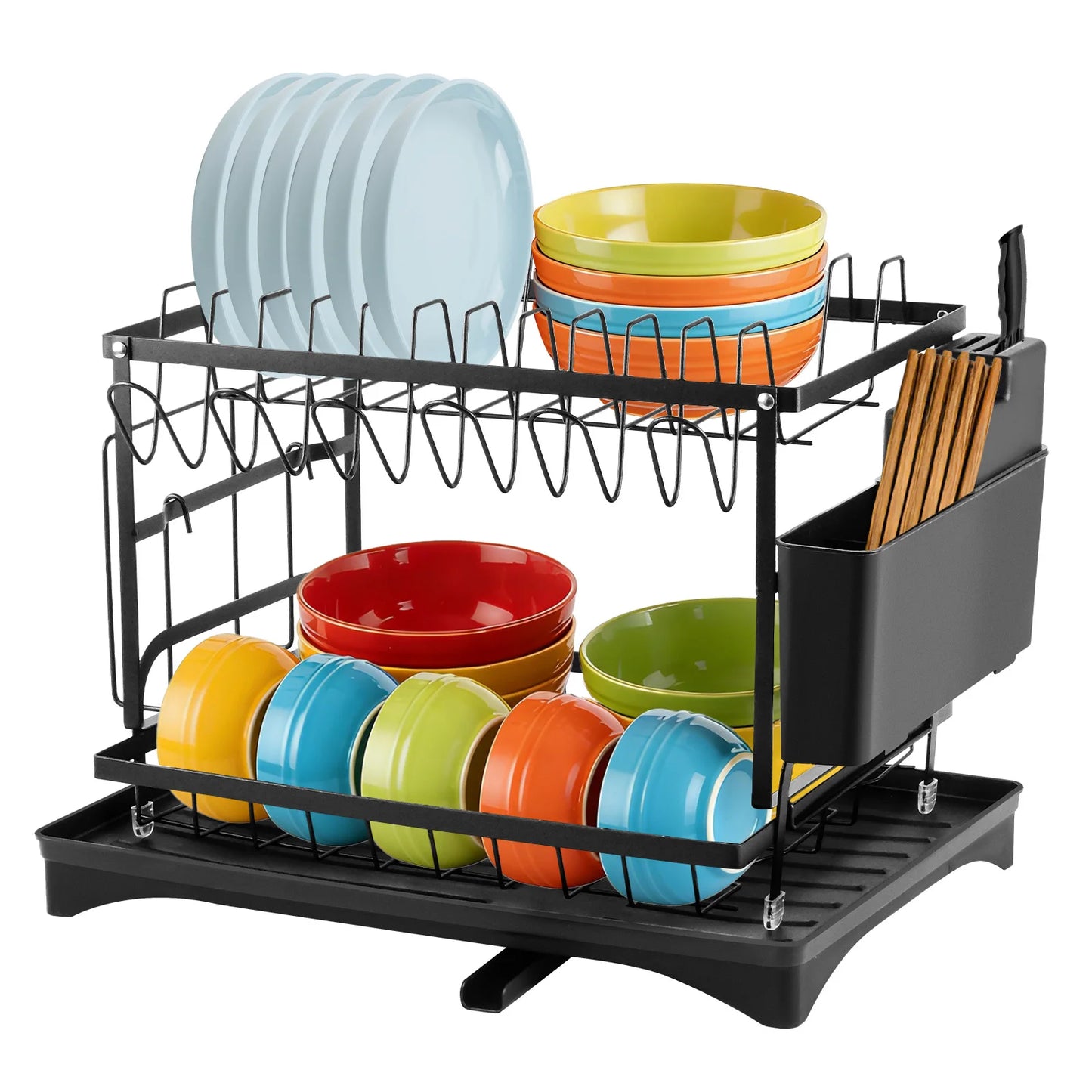 2 Tier Dishes drainer rack, kitchen Metal dishes drain rack with Drainboard, tableware tray drainer storage rack, kitchen organizer, 44x31x30cm, black