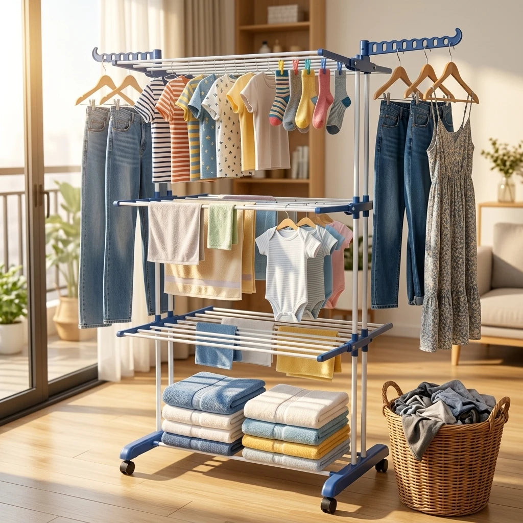 Heavy Duty 4 Tier Clothes Drying Rack Foldable Portable Laundry Airer with Wheels for Indoor Outdoor Home Use