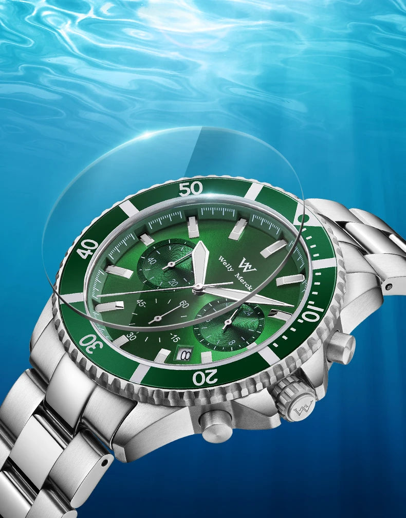 WM Watch Quartz Watches Multifunction Casual Business 200M Water Resistant Sapphire Crystal Aluminum Bezel WellyMerck Watch 184M