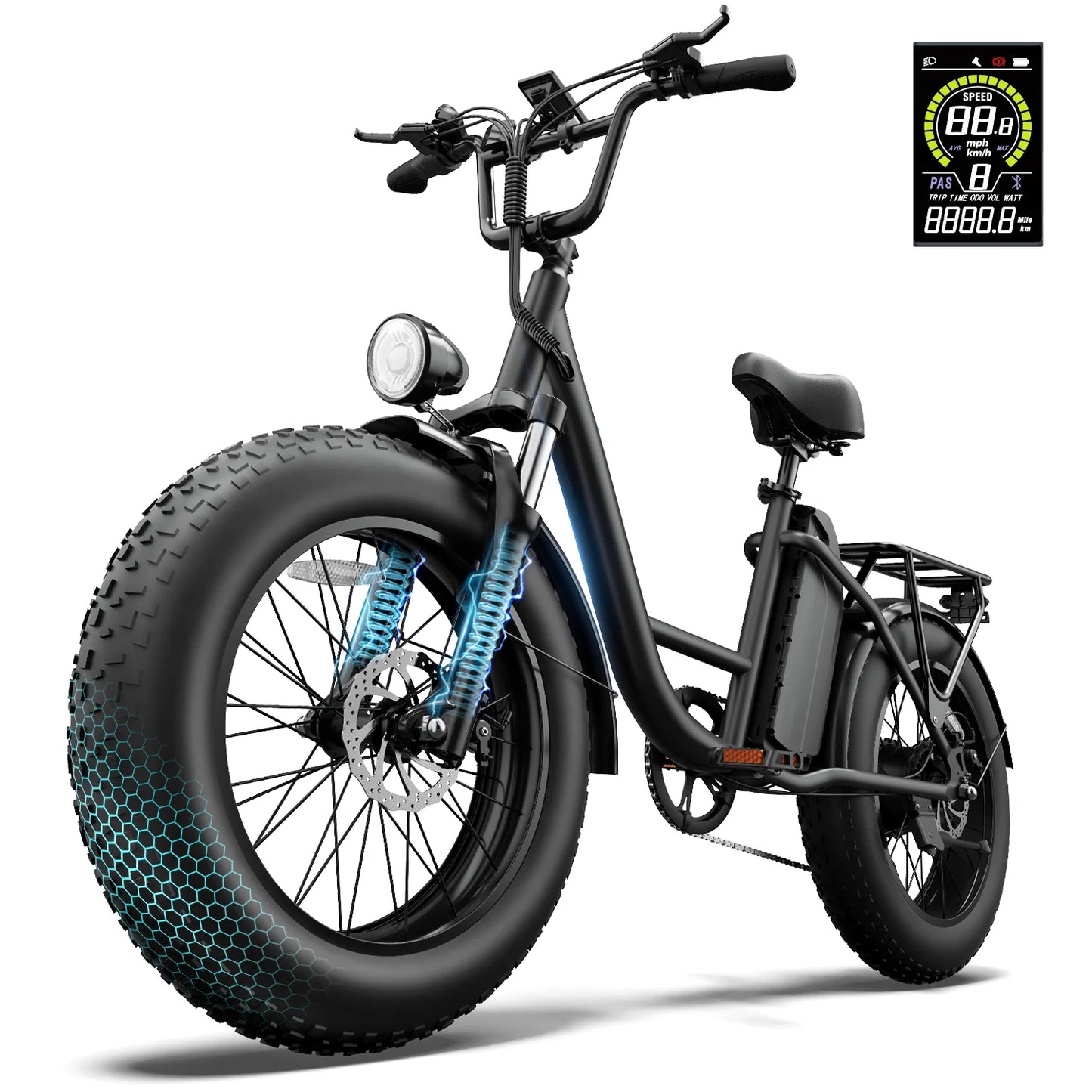 Urlife E20 Pro 1500W E-Bike Commuter 20x4" Tires 48V Removable LCD Display Speed 7-Speeds Hydraulic Disc Brakes For Adults