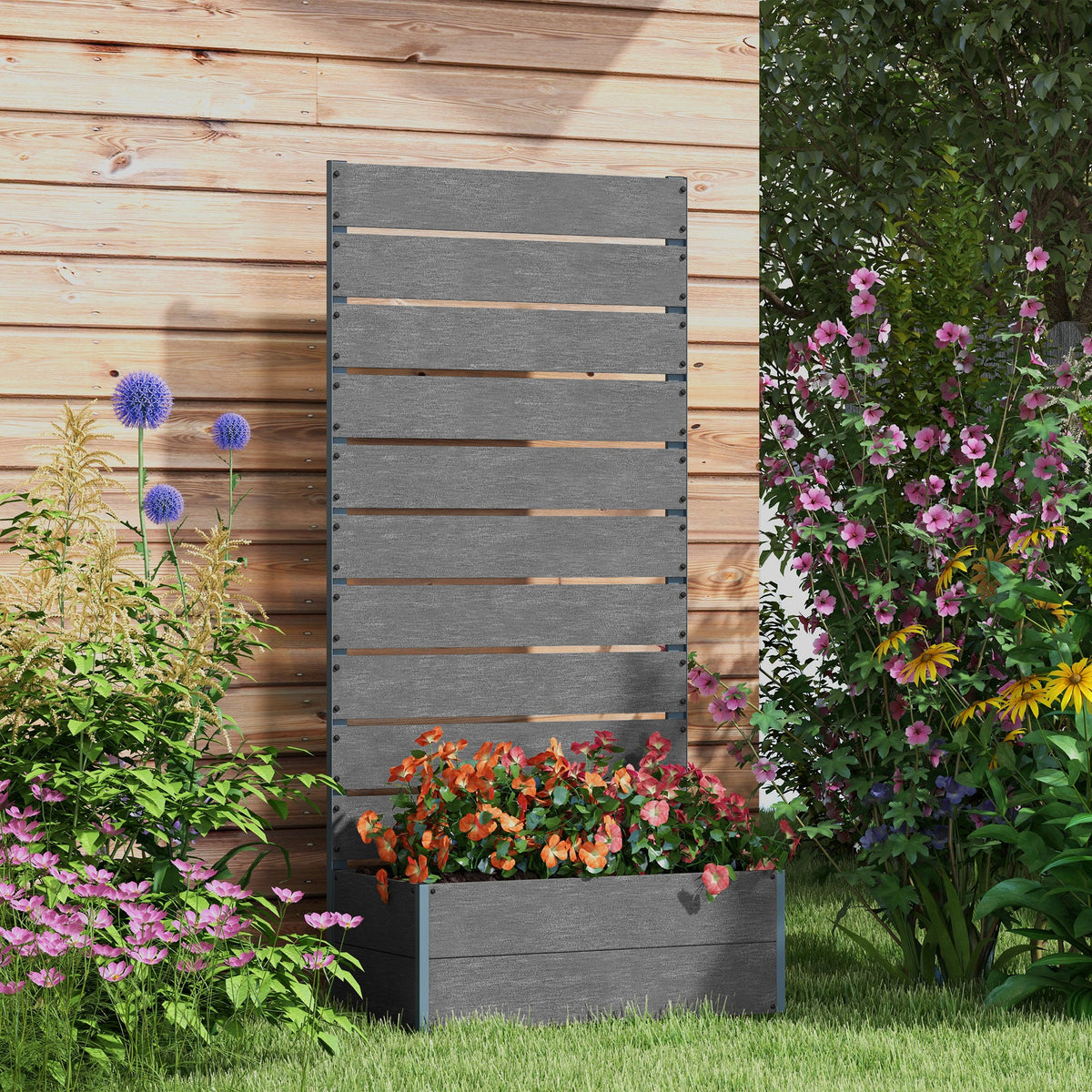 Outsunny 34 x 69.5cm Garden Planter Box, with Back Trellis, Grey