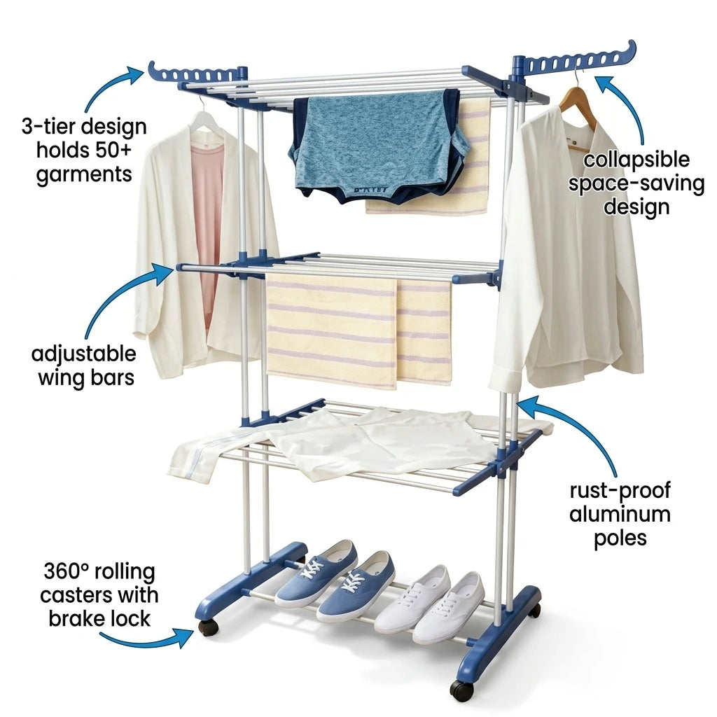 Heavy Duty 4 Tier Clothes Drying Rack Foldable Portable Laundry Airer with Wheels for Indoor Outdoor Home Use