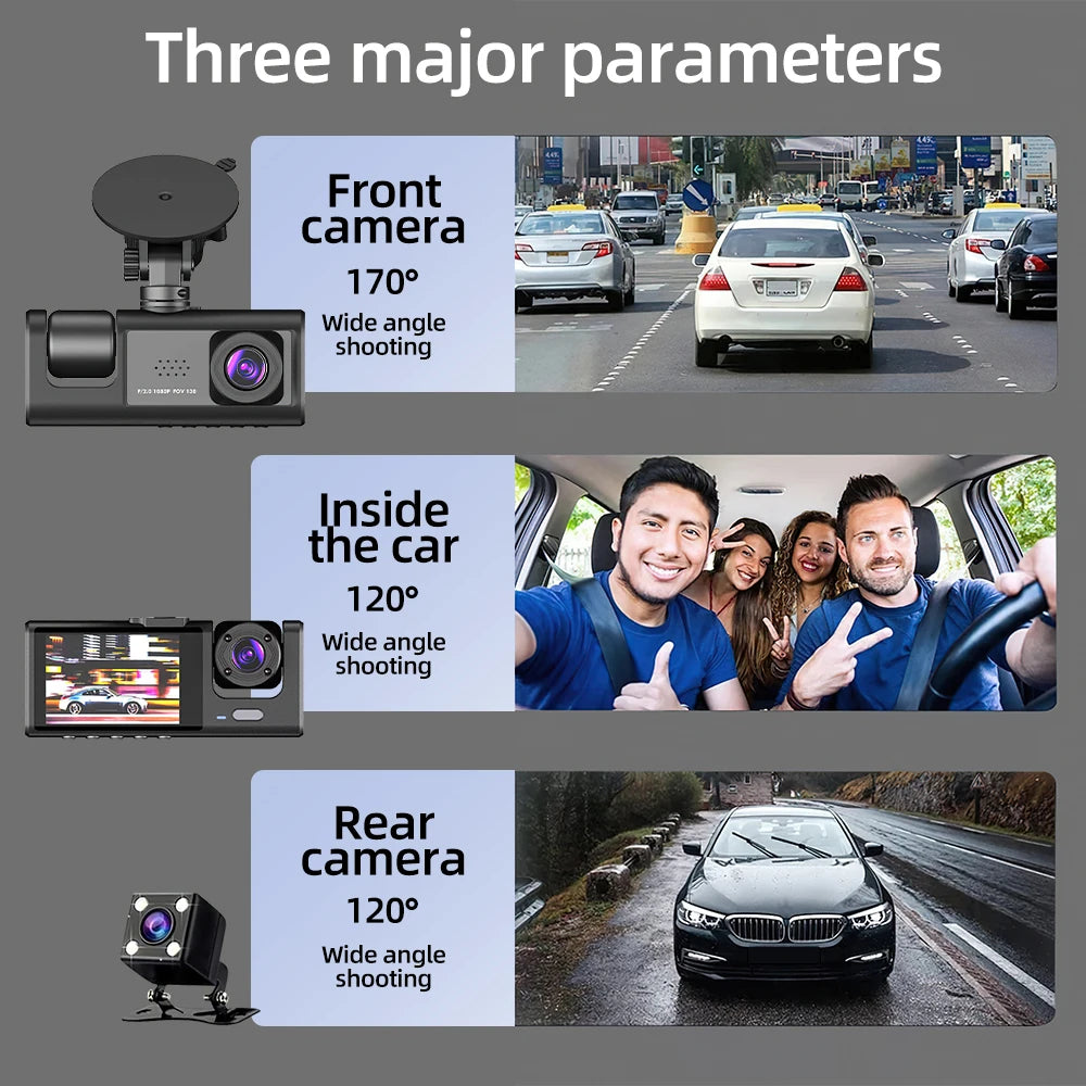 HD 1080P 3-Lens Car Camera 3 Channel Car DVRs Inside Vehicle Dash Cam Video Recorder Night Vision Dashcam With 32GB Memory Card