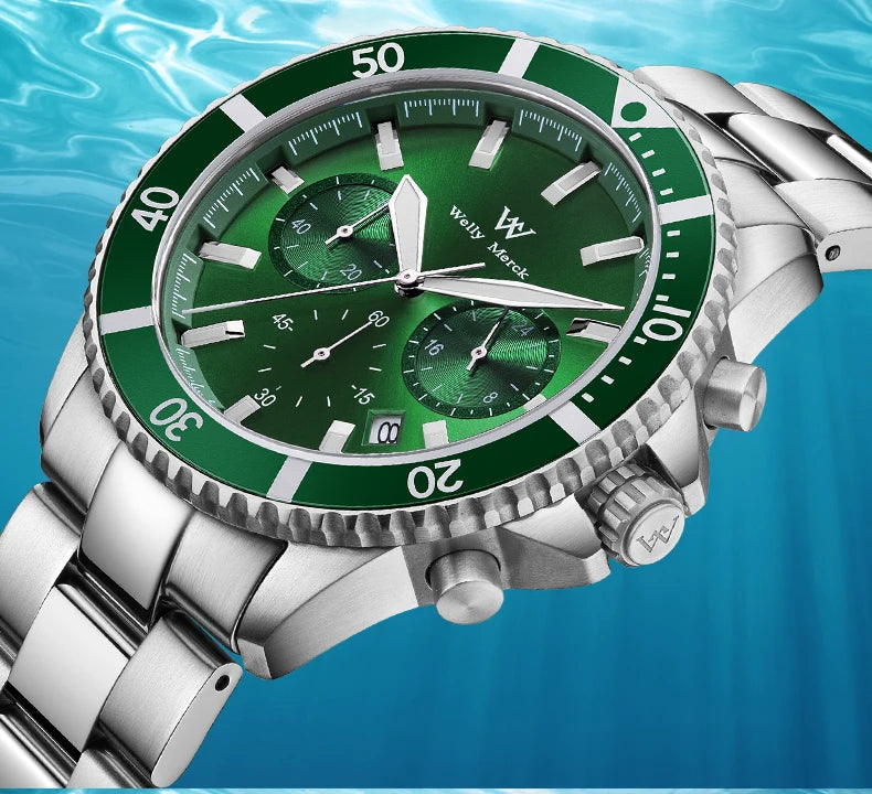 WM Watch Quartz Watches Multifunction Casual Business 200M Water Resistant Sapphire Crystal Aluminum Bezel WellyMerck Watch 184M